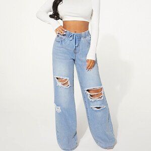 Light Wash Casual Women's Drawstring Waist Cut Out Ripped Wide Leg Jeans